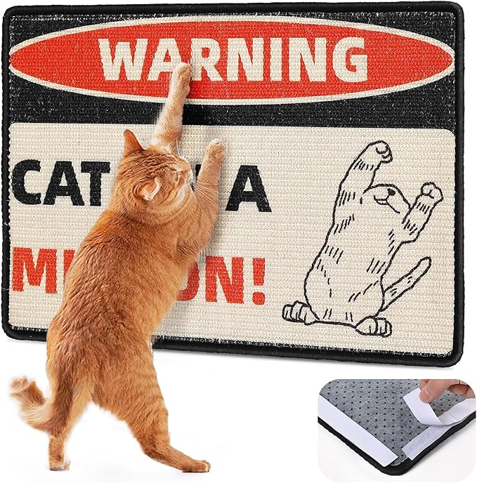 Cat Scratcher Post Mat (Use on Wall, Couch and Carpet), Durable and Shedding-Resistant Cat Scratching Surface - 21.7x13 inch with Hoop and Loop Adhesives, Twist Pins (Black)