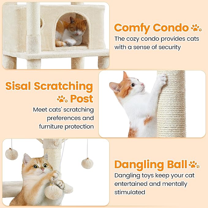 Topeakmart Cat Tree, 67in H Cat Tower for Indoor Cats, Multi-Level Climbing Tree with Scratching Posts Cat House w/Large Condo, Soft Hammock, Removable Cat Teaser Sticks, Beige
