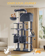Cat Tree, 200cm XXL Cat Tree with 10 Scratching Posts, 2 Caves, 2 Hammocks, Large Platform, Cat Brushes, Basket, Heavy Duty Cat Tree for Maine Coons, Large Cats, Dark Grey MS20018SG