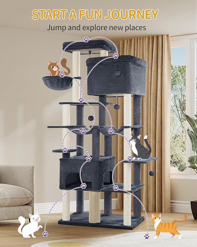 Cat Tree, 200cm XXL Cat Tree with 10 Scratching Posts, 2 Caves, 2 Hammocks, Large Platform, Cat Brushes, Basket, Heavy Duty Cat Tree for Maine Coons, Large Cats, Dark Grey MS20018SG