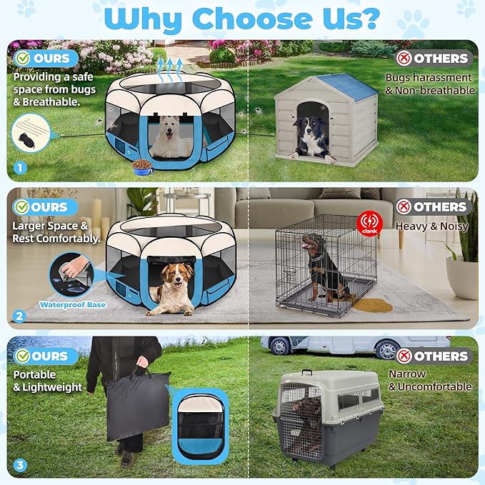 Dog Playpen 45", HOMAGICO Pet Playpen for Indoor Cats Enclosed, Portable Dog Cage Outdoor Tent Crate with Carrying Case, Water-Resistant and Removable Shade Cover, Blue