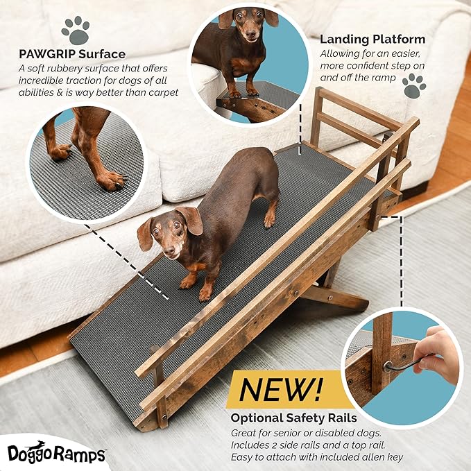 DoggoRamps Dog Ramp with Rails for Couch - Adjustable from 14" to 21" with Anti-Slip Grip & Convenient Platform Top - for Dogs up to 150lbs - Made of Solid Wood in North America