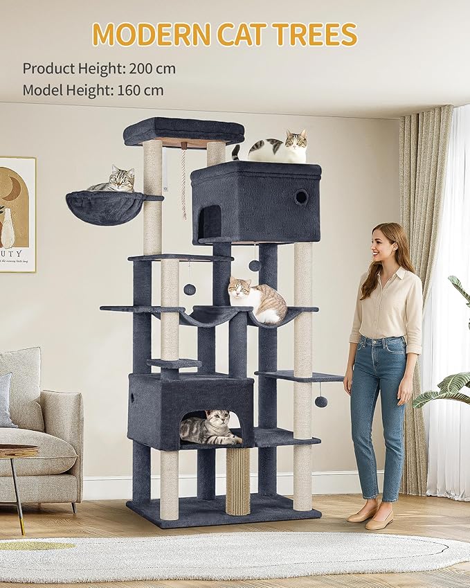 Cat Tree, 200cm XXL Cat Tree with 10 Scratching Posts, 2 Caves, 2 Hammocks, Large Platform, Cat Brushes, Basket, Heavy Duty Cat Tree for Maine Coons, Large Cats, Dark Grey MS20018SG