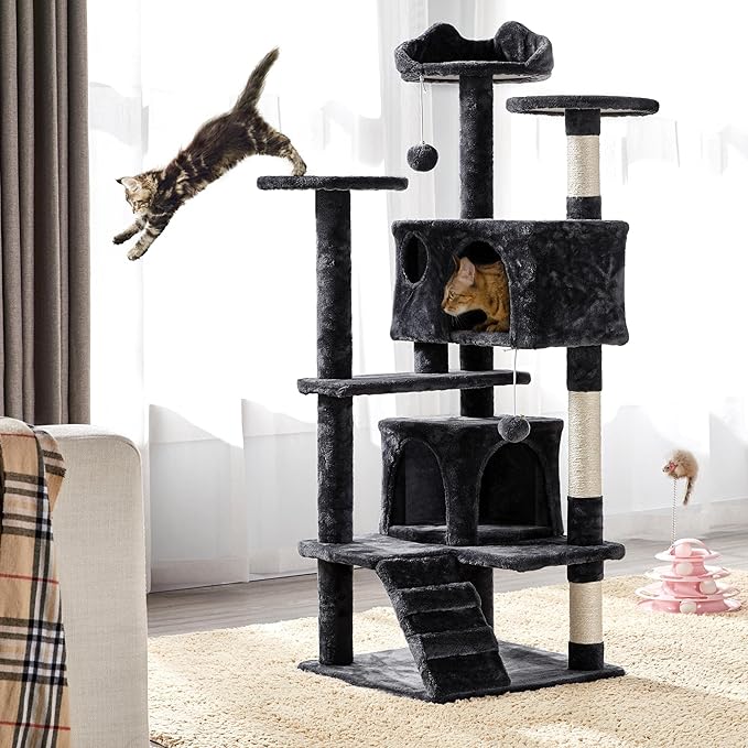 Topeakmart 54in Cat Tree, Cat Tower w/Large Cat Condo Scratching Posts and Perch, Cat Stand House Furniture, Black