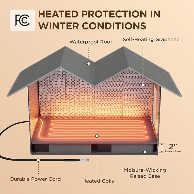Bedsure Heated Outdoor Cat House-Extra Wide Weatherproof and Warming Feral Cat Shelter with Raised Base in Winter, Waterproof Insulated Outside Pet Hideout for Stray Kitty, 22.5x12.5x13.25inches, Grey