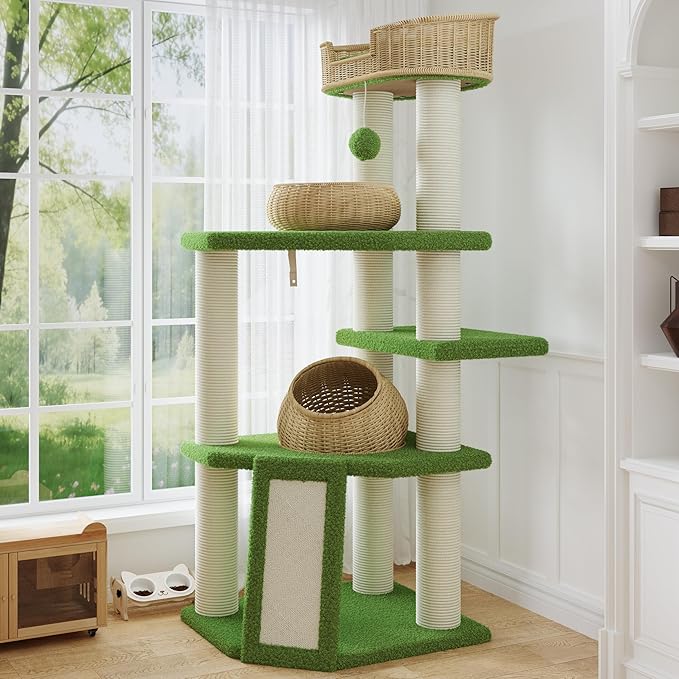 SHA CERLIN 57-Inch Cat Tree Tower for Indoor Cats, Multi-Level Cat Condo with 3 Rattan Woven Beds, Plush Platforms, Sisal Scratching Posts & Interactive Toys - Green Cat Furniture