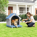 Fancyango Large Dog House with Porch Outdoor Indoor Sturdy Plastic Waterproof Doghouse with Air Vents and Elevated Floor Easy Clean and Assemble for Medium Large Dogs (Blue1, 33" L×31.5" W×38" H)