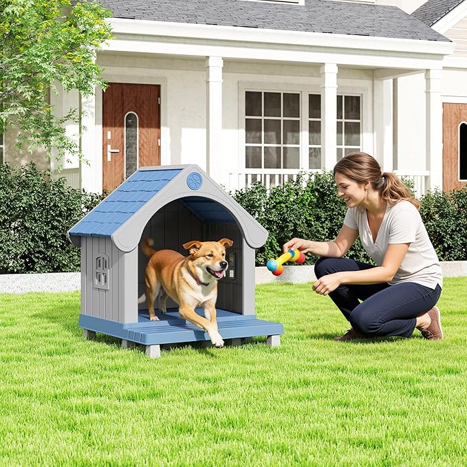 Fancyango Large Dog House with Porch Outdoor Indoor Sturdy Plastic Waterproof Doghouse with Air Vents and Elevated Floor Easy Clean and Assemble for Medium Large Dogs (Blue1, 33" L×31.5" W×38" H)