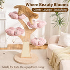 Aesthetic Flower Cat Tree Tower with Scratching Post for Indoor Cats, 48" Modern Cat Tree with Wood Sculpted Branch, Flower Cat Beds, Scratching Board & Interactive Squeaky Toy, Sakura Pink
