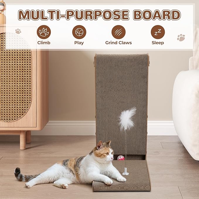 COZIWOW L-Shape Cat Scratcher Lounge, Corrugated Cardboard Scratching Pad for Indoor Cats, Durable Cat Furniture with Spring Toy (Walnut)