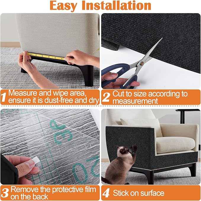Cat Scratch Furniture Protector - 100" x 17" Trimmable Self-Adhesive Cats Claws Scratch Pads, DIY Cat Climbing Couch Protector for Scratch Post Cat Tree Replacement Indoor (Black)