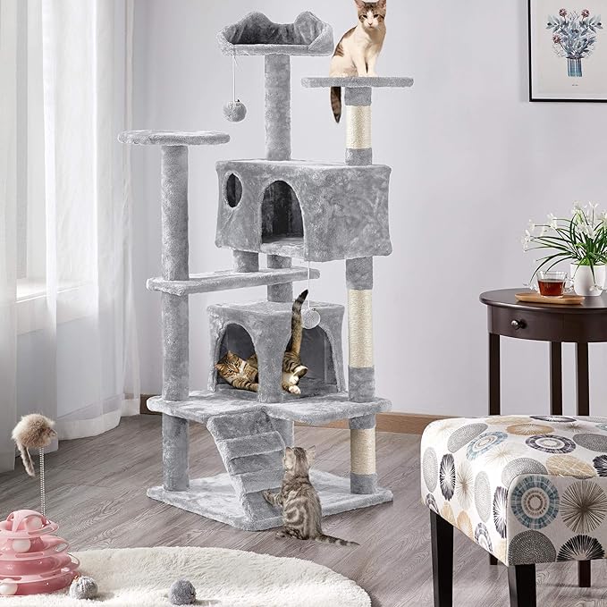 Topeakmart 54in Cat Tree, Cat Tower w/Large Cat Condo Scratching Posts and Perch, Cat Stand House Furniture, Light Gray