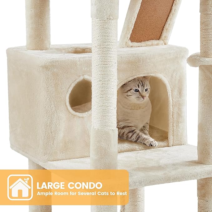Topeakmart Cat Tree, 82.5in Climbing Tower with 2 Kitten-Ear-Style Top Perches, Hammock, Basket, Scratching Posts, Multilevel Pet Furniture Activity Center for Indoor Felines, Beige