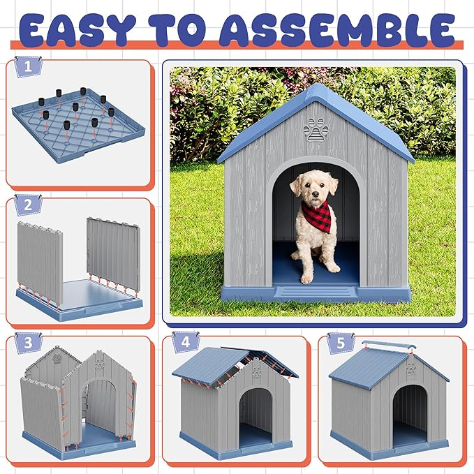 Bifanuo Dog House Outdoor Indoor, Plastic Small Dog House-Weatherproof Design with Air Vents & Elevated Floor for Small to Medium Dogs, Easy Clean and Assemble (Blue)