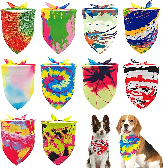 10PCS Dog Bandanas Tie Dye for Large XL Breed Dog Big Bandanas Pack Kerchief Washable Triangle Bibs Head Scarves Scarfs for Boys and Girls Grooming Accessories Costume
