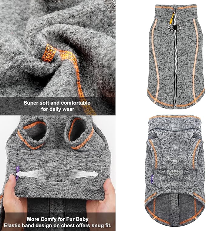cyeollo Dog Coat Fleece Sweater Jacket Step in Reflective Dog Coats with D Ring Zipper Up Dogs Sweaters for Small Dogs Grey