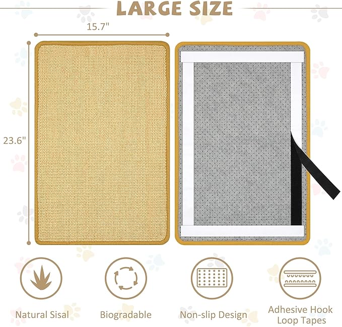 2 Packs Sisal Fabric Large 23.6" x 15.7" Scratching Pad for Indoor Cats with Adhesive Hook Loop Tape, Carpet Cat Scratching Mat Sisal, Cat Scratching Rug Wall Scratchers for Indoor