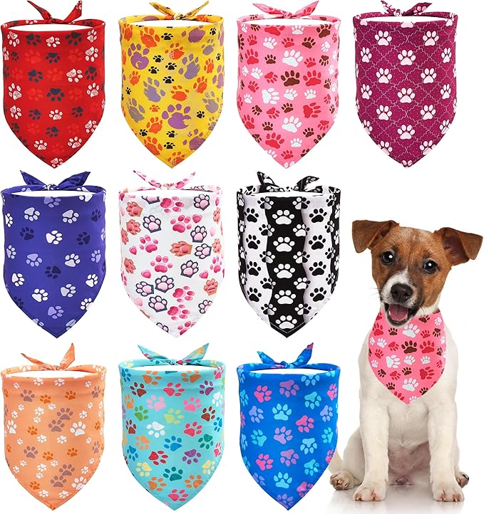 10PCS Small Dog Bandanas with Paw Print for XXS XS Small Dog Girl Boy in Red Blue Yellow Pink Purple White Black Green Scarves Grooming Accessories Costume