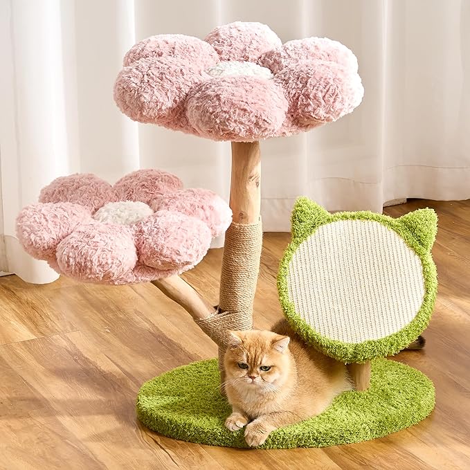 Modern Natural Solid Wood Cat Tree Tower for Indoor Cats Large Adult, 30 inch Flower Cat Tree with Scratching Post, Luxury Aesthetic Cat Tree with Cloud-Soft Flower Perches and Sisal Scratching Pad
