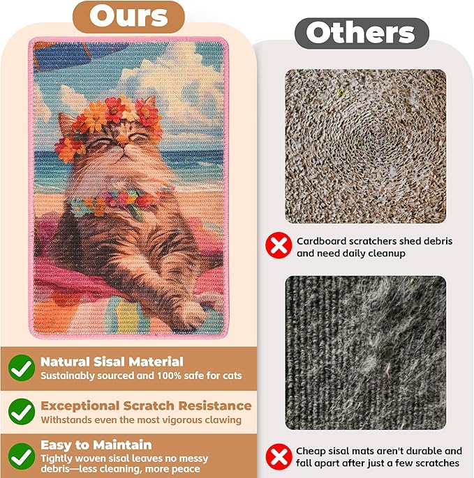 Sisal Cat Scratcher Mat, Cat Wall Scratcher for Indoor Cats, 23.6x15.7 Inch Cat Scratch Pad with Hook & Loop, Wall Mounted Cat Scratching Post to Protect Couch and Carpet（Beach Cat）