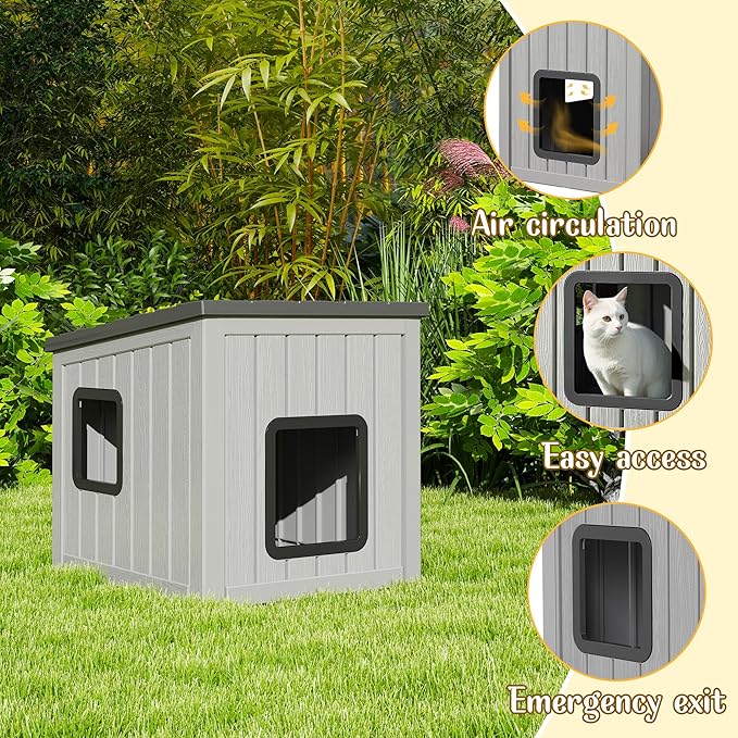 KAMABOKO Outdoor Cat House Weatherproof Insulated for Winter, Durable Shelter for Feral and Outdoor Cats, All-Season Cat House with Removable Roof & Waterproof Base for Patio, Porch, Black