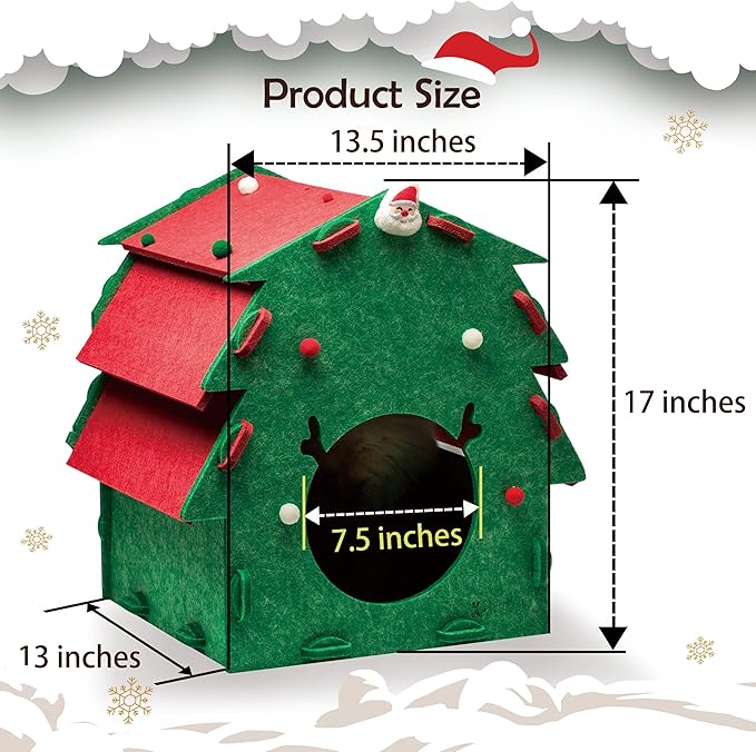 KAQJW Christmas Detachable Felt Cat Bed Condo Shelter House for Indoor Use - Easy to Assemble, Durable and Warm Funnest - Cozy Shelter with Built-in Scratching Board and Bonus Cat Toys