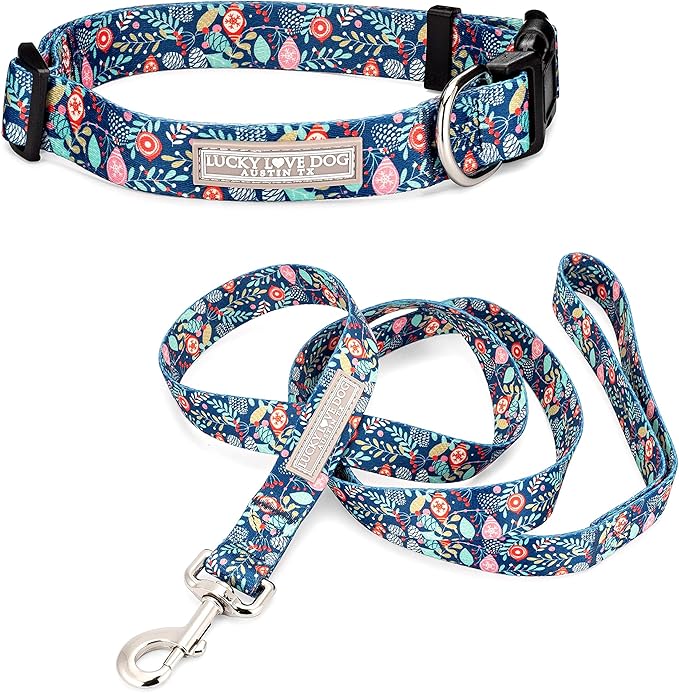 Lucky Love Dog - Adjustable Collar and Leash Set with Easy Click Buckle for Medium Dogs, Durable, & Comfortable Collar for Male & Female Dogs, Puppies & Adult - Sweet Holiday Combo, Medium