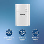 Philips Wireless Doorbell Kit, Plug-In Reciever, 1 Push Button, 2 Melodies, 4 Volume Levels, 150 Ft Range, White, DES2120W/27