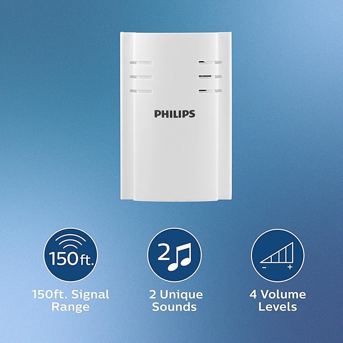 Philips Wireless Doorbell Kit, Plug-In Reciever, 1 Push Button, 2 Melodies, 4 Volume Levels, 150 Ft Range, White, DES2120W/27