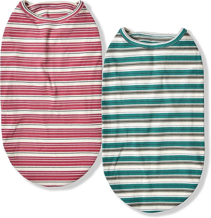 Dog Shirts Vest Cotton Striped T-Shirt, Sleeveless Stretchy Pet Clothes for Small Dogs, 2-Pack Soft Breathable Puppy Tank Top Cat Tee (Medium, Pine Green,Plum Red)