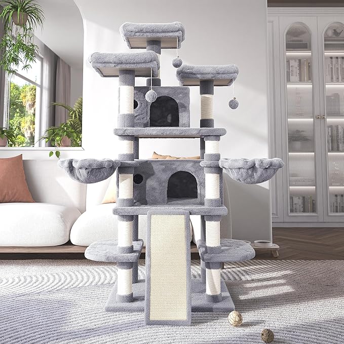 WEEWAY 68 Inches Multi-Level Large Cat Tree for Feline‌/Big Tower/Condo/Cozy Plush Kitty Perches/Fluffy Balls/Sisal Scratching Posts and Hammocks/Cave/Furniture Activity Center/Grey