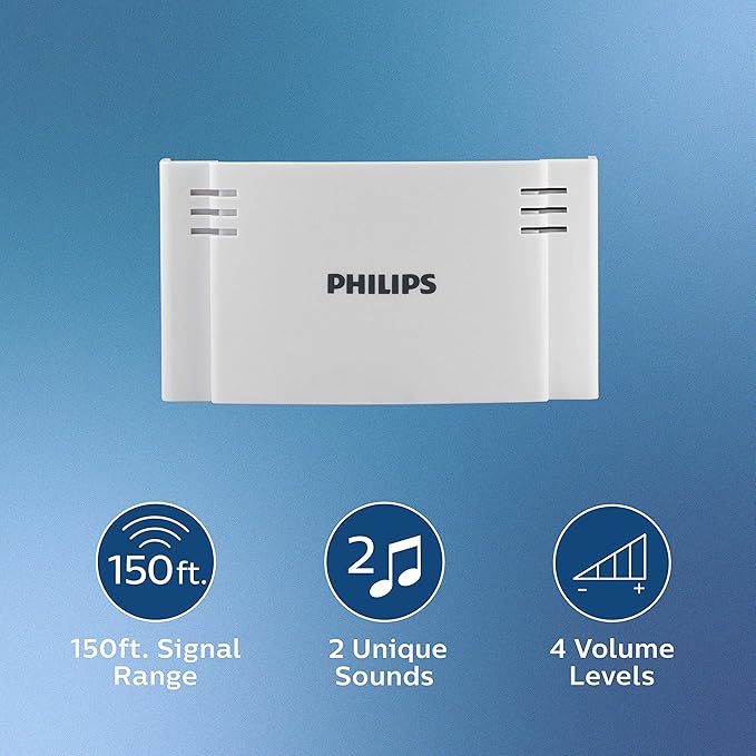 Philips Wireless Doorbell Kit, Battery-Operated Reciever, 1 Push Button, 2 Melodies, 4 Volume Levels, 150 Ft Range, White, DES1120W/27