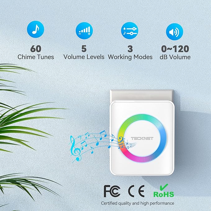TECKNET Wireless Doorbells for Home, IP65 Waterproof Door Bell 1300ft Range, 0-120dB Classroom Doorbell Kits with 60 Chimes & 5 Volume Levels, RGB Flashing for Hearing Impaired with 2 Receivers,White
