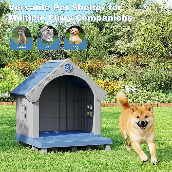Fancyango Large Dog House with Porch Outdoor Indoor Sturdy Plastic Waterproof Doghouse with Air Vents and Elevated Floor Easy Clean and Assemble for Medium Large Dogs (Blue1, 33" L×31.5" W×38" H)