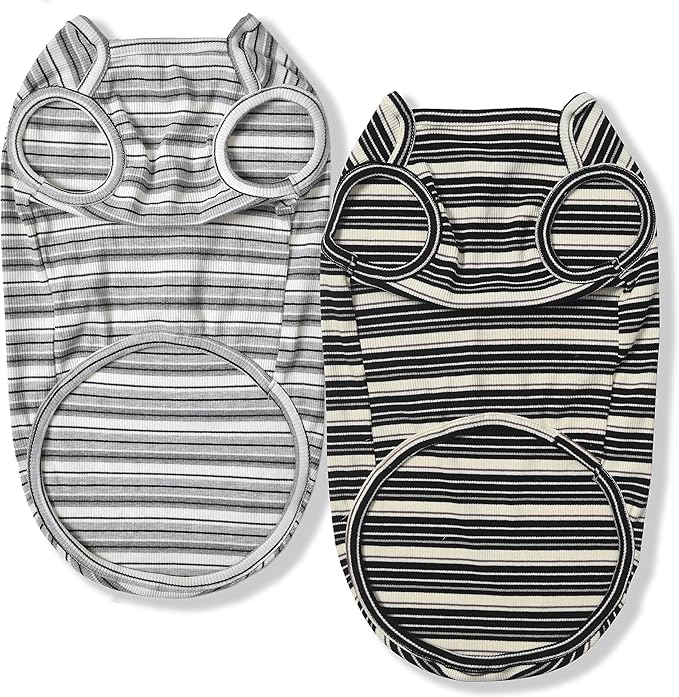 Dog Shirts Vest Cotton Striped T-Shirt, Sleeveless Stretchy Pet Clothes for Small Dogs, 2-Pack Soft Breathable Puppy Tank Top Cat Tee (X-Large, Black,Gray)