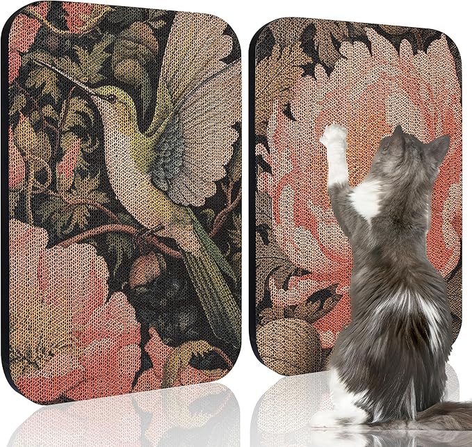 2 Pack Art Cat Scratcher, Wall-Mountable Cat Scratch Pad, Cat Wall Scratcher 16.7x11x1 Inch Cat Scratching Board for Indoor Cats Toy (Hummingbird & Flower)