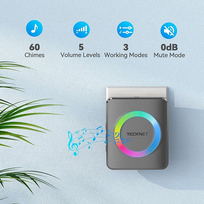 TECKNET Wireless Doorbell with 2 Plug-In Receivers, IP65 Waterproof Doorbells for home, 1300ft Operating Range, 60 Melodies & 5 Volume Levels of 0-120 dB, RGB Light for Hearing Impaired