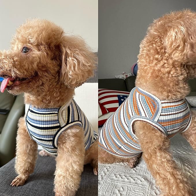 Dog Shirts Vest Cotton Striped T-Shirt, Sleeveless Stretchy Pet Clothes for Small Dogs, 2-Pack Soft Breathable Puppy Tank Top Cat Tee (X-Small, Blue,Yellow)
