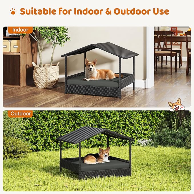 Yaheetech Wicker Dog House Outdoor Indoor with Canopy, Elevated Dog Shelter Dog Bed with Cushion for Small/Medium Dogs, Shade for Deck, Patio, Yard, Pool, Black House, Gray Cushion