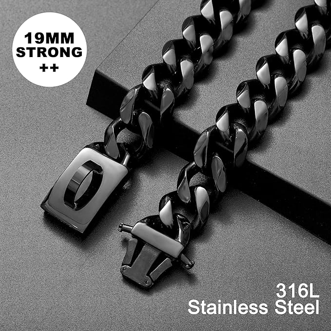 Dog Chain Collar Walking Training Collar with Design Secure Buckle 19MM Black Cuban Link Strong Heavy Duty Chew Proof Chain(19MM, 14")