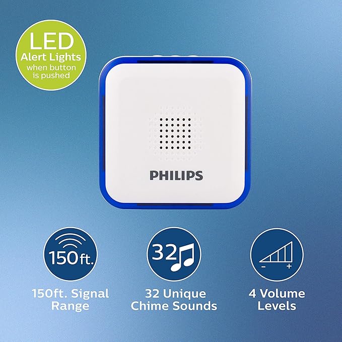 Philips Wireless Doorbell Kit, Battery-Operated Reciever, LED Alert Lights, 1 Push Button, 32 Melodies, 3 Volume Levels, 150 Ft Range, White, DES3140W/27