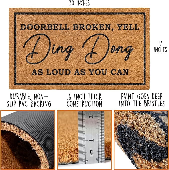 MAINEVENT Ding Dong Doorbell Door Mat 30x17 Inch, Doorbell Broken Welcome Mat for Covered Outdoor Area, Door Bell Broken Yell Ding Dong Doormat, Coir Welcome Rug Funny