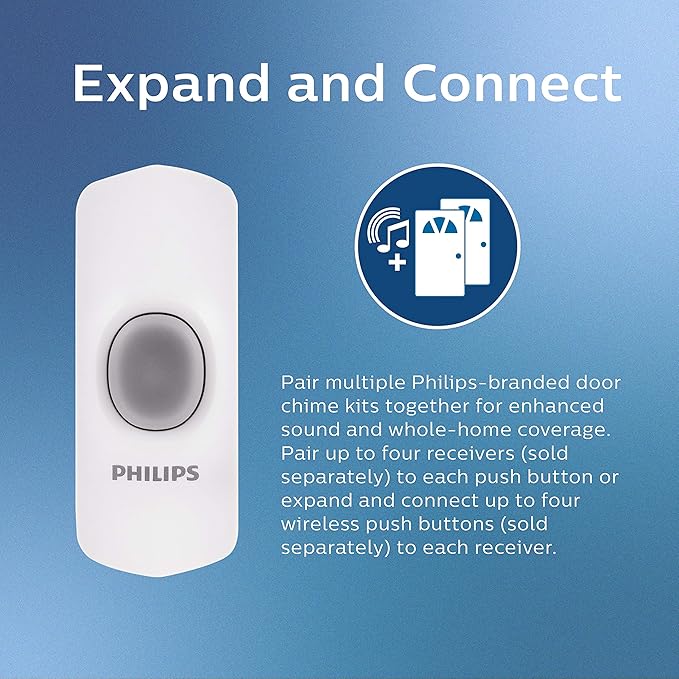 Philips Wireless Doorbell Kit, Battery-Operated Reciever, LED Alert Lights, 1 Push Button, 32 Melodies, 3 Volume Levels, 150 Ft Range, White, DES3140W/27