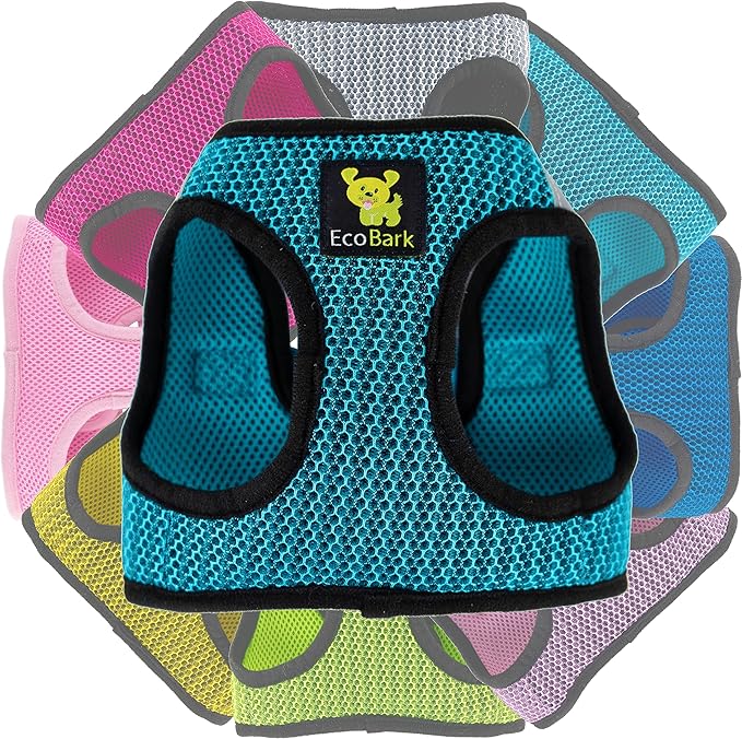 EcoBark Step in Dog Harness - Eco-Friendly Small Breed Dog Harnesses for Small and Medium Breed Dogs - Reflective and Adjustable Body Halter Vest - Soft Mesh Toy Breed Harness (Aqua Sport, Large)