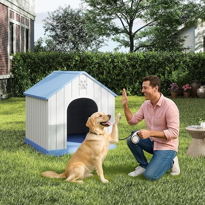 Large Dog House Outdoor Weatherproof，Waterproof Resin Outside Dog House with Elevated Floor and Air Vents, Durable Doghouse for Samll Medium Large Dogs (Light Blue, 38.62"L×36.26"W×38.07"H)