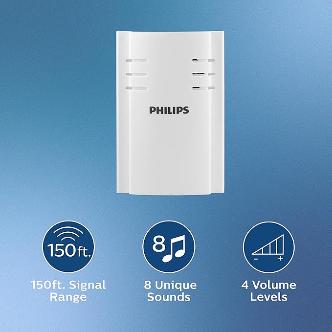 Philips Wireless Doorbell Kit, Plug-In Reciever, 1 Push Button, 8 Melodies, 4 Volume Levels, 150 Ft Range, White, DES2180W/27