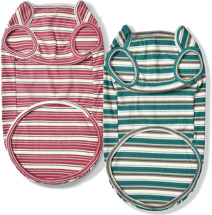 Dog Shirts Vest Cotton Striped T-Shirt, Sleeveless Stretchy Pet Clothes for Small Dogs, 2-Pack Soft Breathable Puppy Tank Top Cat Tee (Medium, Pine Green,Plum Red)