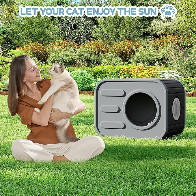 NUNU LAB Plastic Cat House Outdoor, Cats House for Indoor, Weatherproof Cat House, Camera Shaped Design, with Escape Door, for Small to Medium Cats (Grey)