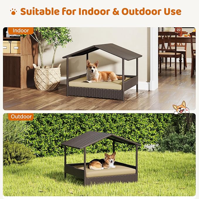 Yaheetech Wicker Dog House Outdoor Indoor with Canopy, Elevated Dog Shelter Dog Bed with Cushion for Small/Medium Dogs, Shade for Deck, Patio, Yard, Pool Brown House, Khaki Cushion