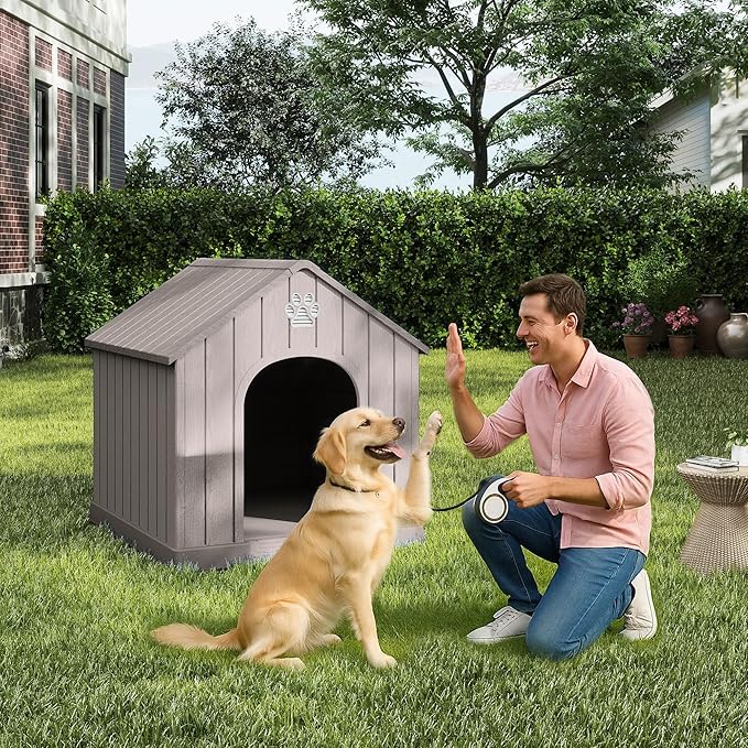 Dog House Outdoor Weatherproof，Waterproof Resin Outside Dog House with Elevated Floor and Air Vents, Durable Doghouse for Samll Medium Large Dogs (Light Grey, 38.62" L×36.26" W×38.07" H)